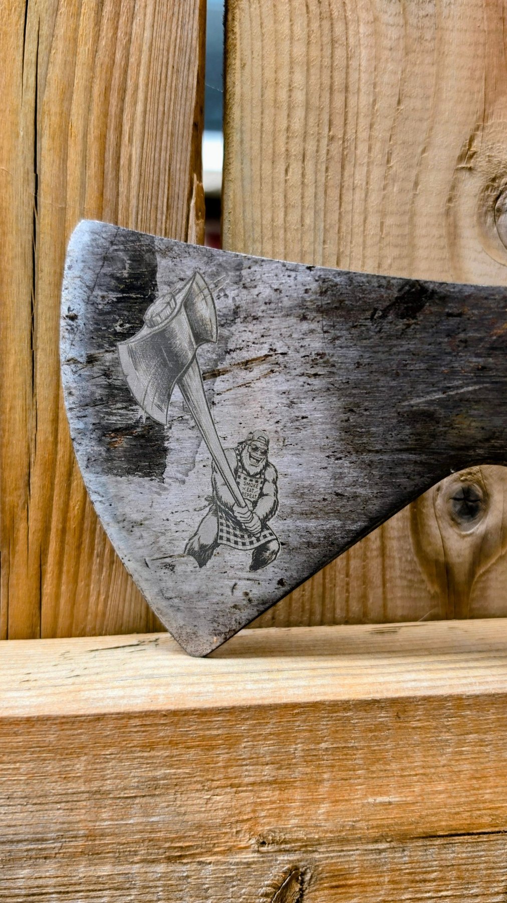 Customer's axe head, laser engraved in Stratford